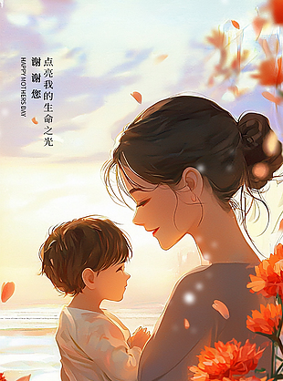 致敬母亲手绘亲子人物插画主题海报