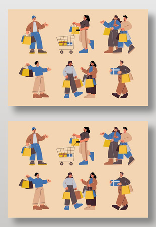 扁平抽象人物生活购物场景主题插画