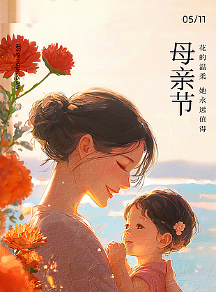 母亲节油画手绘亲子温馨主题海报
