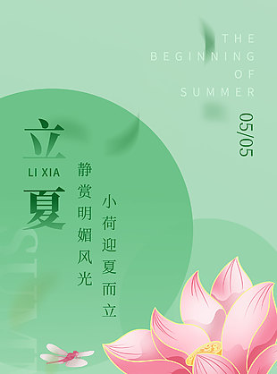 绿色简约手绘荷花装饰立夏节气海报