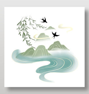 青绿色小清新春日风景插画
