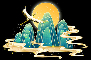 唯美国潮风仙鹤圆月山峦夜景插画