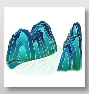 蓝绿色调山水线条插画美景