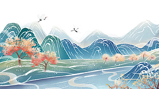 水墨风青绿群山云雾插画素材