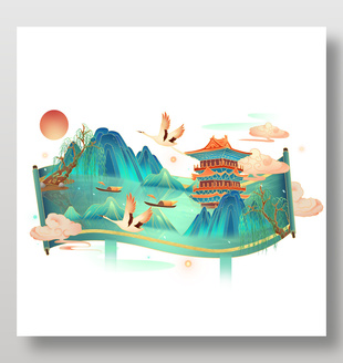 国潮风仙鹤飞翔微景观阁楼插画