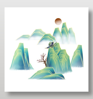 绿色中国风青绿山川风景插画