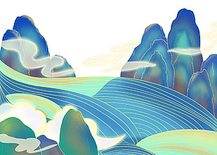蓝色写意山峦云雾国风插画