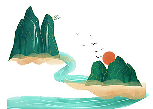 中式山水日出风景插画