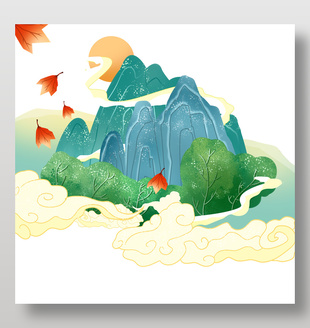 国风写意云雾缭绕山峰插画