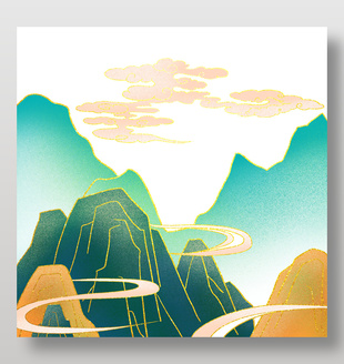 国潮风金色线条手绘风景插画
