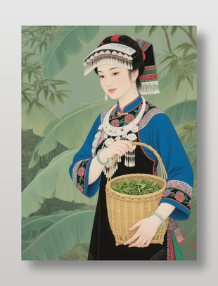 采茶叶的土家族少女插画