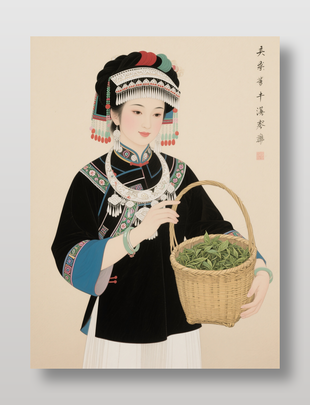 少数民族土家族少女工笔画插画