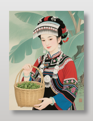 少数民族采茶女卡通人物插画
