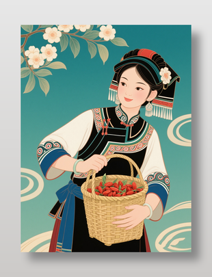 采枸杞的土家族少女插画