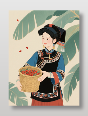 中国风手绘土家族少女插画