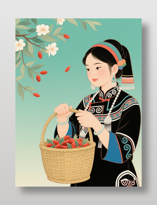 手提装满枸杞竹篮的土家族少女工笔画