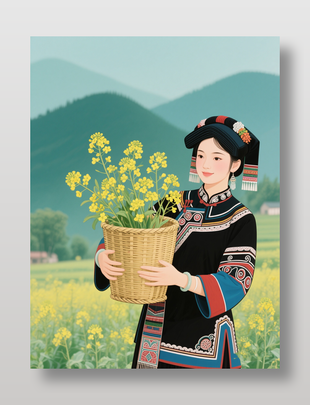 土家族少女手抱油菜花工笔插画