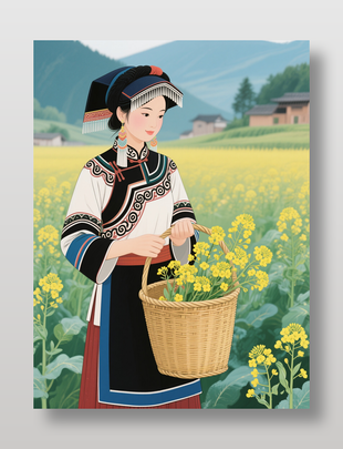 手提油菜花竹篮的少数民族少女插画