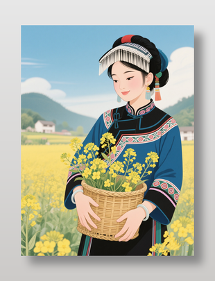 油菜地里的土家族少女插画
