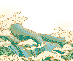 蓝绿色国潮风手绘海浪设计