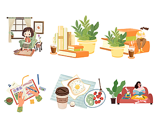 扁平画风居家生活小场景插画