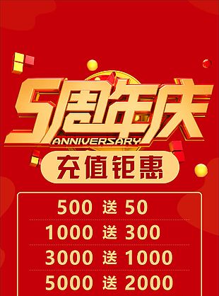 5周年庆促销充值钜惠红色展架