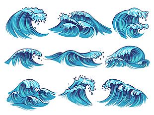 蓝色创意手绘海浪插画