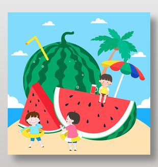 儿童与西瓜主题手绘卡通插画