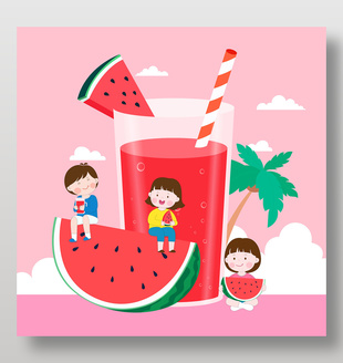 夏季西瓜饮品主题粉色背景卡通插画