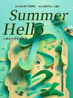 立体感绿色清新大暑节气宣传海报