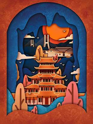 剪纸风国潮古建筑旅游插画