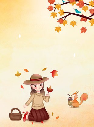 卡通风红色枫叶小松鼠户外美景插画