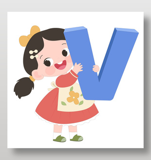 抱着英文字母V的俏皮可爱女孩插画