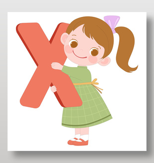 抱着英文字母X的可爱马尾女孩插画
