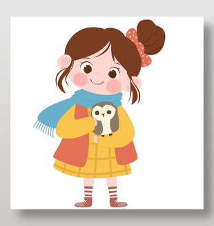 抱着猫头鹰的可爱女孩儿童插画