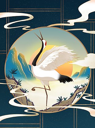 深蓝色古风国潮山野仙鹤海报