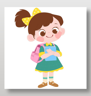 手绘卡通风乖巧女孩上学穿搭插画