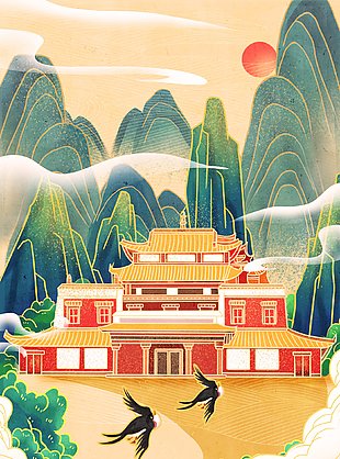 国潮风山水背景古式建筑插画