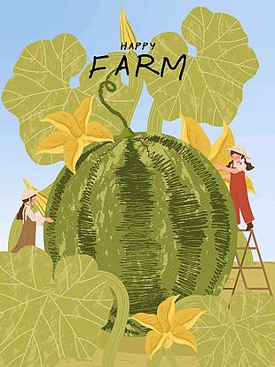 快乐农场采摘西瓜场景插画