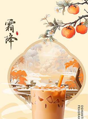 新品上市奶茶促销霜降节气海报