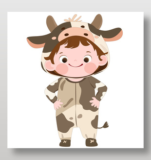 卡通玩偶服奶牛睡衣可爱动物卡片插画