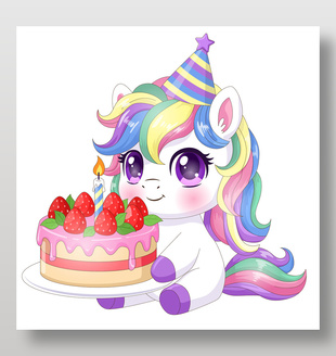 彩虹小白马手捧草莓蛋糕趣味卡通插画