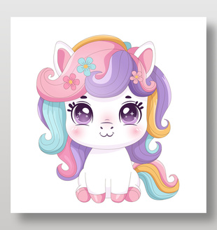 卡通梦幻风格大眼睛彩虹小白马插画设计