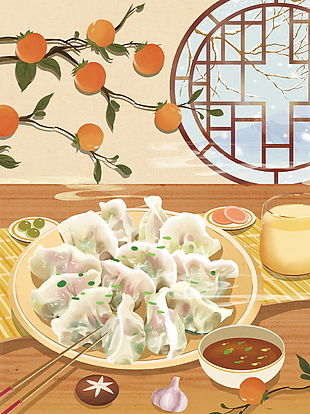 温馨居家立冬吃饺子卡通插画