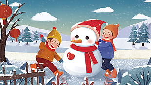 天真烂漫冬季堆雪人打雪仗卡通插画