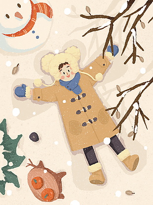 治愈清新冬季玩雪堆雪人卡通插画