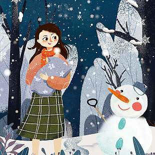 文艺浪漫可爱户外堆雪人雪景插画