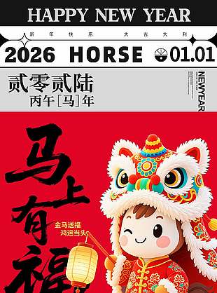 庆元旦迎新年卡通马年新春海报