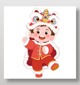 春节小男孩扮舞狮传统节日插画