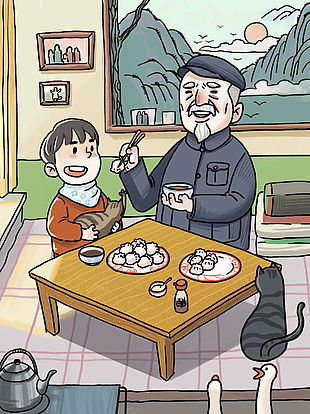 温馨家庭生活吃饺子插画